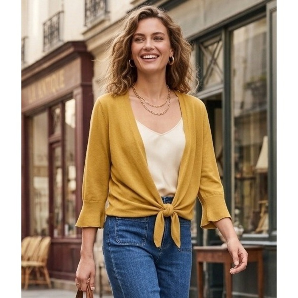 Pure Jill Elements Cardigan Women Large Petite Mustard Yellow Tie Cashmere Blend